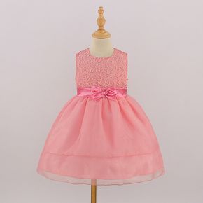 Toddler Girl Embroidered Bowknot Design Sleeveless Mesh Princess Pink Party Dress