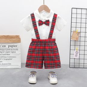 2-teiliger Gentleman-Anzug für Kleinkinder, weißes Hemd mit Fliege und karierte Hosenträger-Shorts