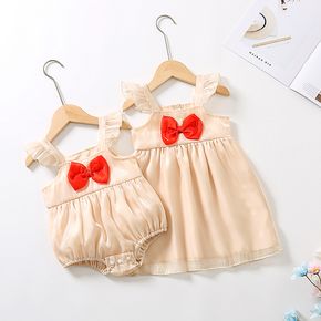 Baby Girl Bow Front Flutter-sleeve Silky Dress/Romper