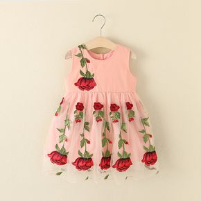 طفلة صغيرة الأزهار مطرزة زر الظهر تصميم شبكة بلا أكمام فستان حفلة الأميرة الوردي