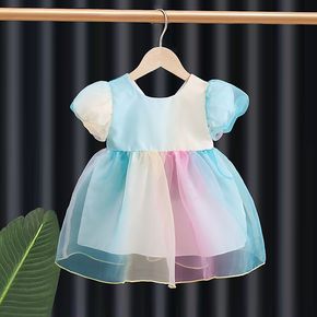 Toddler Girl Gradient Color Puff-sleeve Mesh Dress