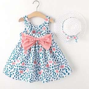 2pcs Toddler Girl Floral Print Bowknot Design Sleeveless Dress and Straw Hat Set