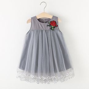 Toddler Girl Floral Embroidered Mesh Design Sleeveless Party Dress