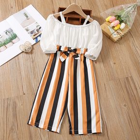 Toddler Girl Off Shoulder Stripe Splice Belted Strap Jumpsuits