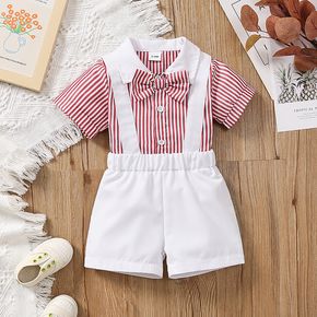 2pcs Baby Boy Party Outfits Bow Tie Decor Striped Short-sleeve Shirt and Solid Suspender Shorts Set