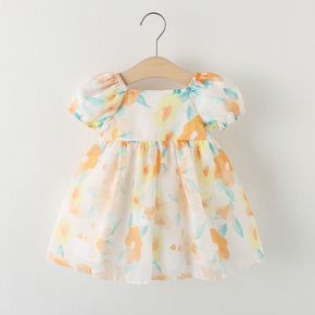Baby Girl Floral Print Square Neck Puff-sleeve Dress