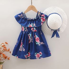 2pcs Baby Girl Floral Print Blue Sleeveless Spaghetti Strap Ruffle Dress with Hat Set