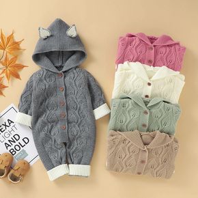 Solid Knitted Hooded Long-sleeve Baby Jumpsuit