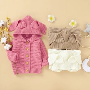 Solid 3D Ear Decor Knitted Hooded Long-sleeve Baby Sweater
