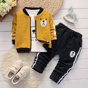 3-piece Toddler Letter Cartoon Bear Print Long-sleeve T-shirt, Zipper Jacket and Striped Pants Set