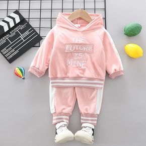2pcs Baby Letter Embroidered Color Block Fleece Long-sleeve Hoodie and Trousers Set