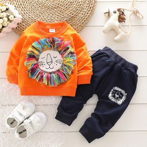 2-piece Toddler Boy Lion Pattern Tassel Design Pullover Sweatshirt and Pants Set