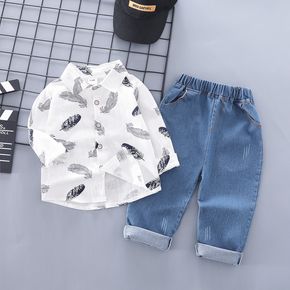 2-piece Toddler Boy Feather Print Button Design Shirt and Solid Pants Set