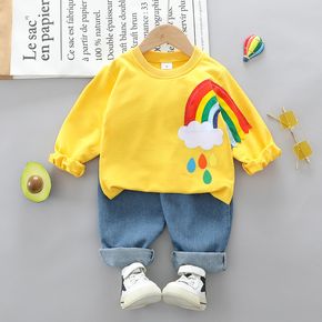 2-piece Toddler Boy Rainbow Cloud Sun Print Pullover and Denim Jeans Set