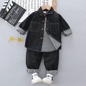 2-piece Toddler Boy Lapel Collar Button Design Denim Jacket and Jeans Streetwear Set