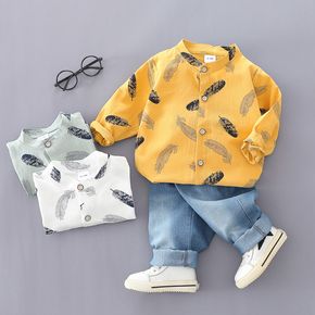 2pcs Baby Boy Feather Print Long-sleeve Shirt and Blue Jeans Set