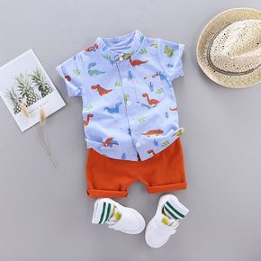 2pcs Toddler Boy Playful Dinosaur Print Shirt and Shorts Set