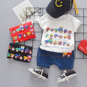2pcs Toddler Boy Playful Denim and Vehicle Print Tee & Shorts Set