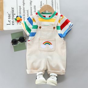2pcs Toddler Boy/Girl Playful Stripe Tee and Rainbow Embroidered Overalls Shorts Set
