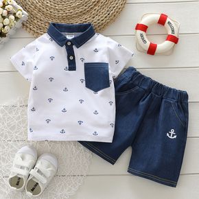 2pcs Toddler Boy Playful Anchor Print Denim Shorts and Polo Shirt Set