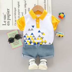 Cotton 2pcs Baby Boy Geometric Print Contrast Collar Top and Denim Shorts Set