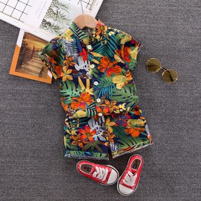 2pcs Toddler Boy Vacation 100% Cotton Floral Print Lapel Collar Shirt and Shorts Set