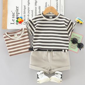 Ready For It Toddler Boy 2pcs Striped Short-sleeve Grey or Khaki T-shirt Top and Solid Shorts with Belt Set