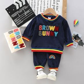 2pcs Toddler Boy Trendy Letter Terry Embroidered Striped Sweatshirt and Pants Set