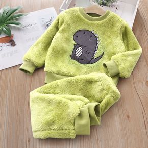 2pcs Dinosaur Applique Fleece Long-sleeve Green Baby Set