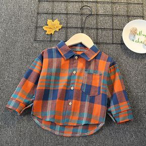 Toddler Boy Colorblock Plaid Letter Print Lapel Collar Button Design Long-sleeve Shirt
