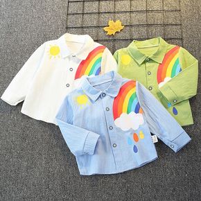 Toddler Boy Rainbow Sun Print Lapel Collar Button Design Long-sleeve Shirt