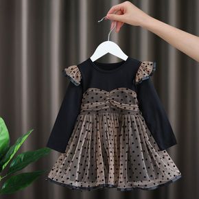 Toddler Girl Ruffled Polka dots Mesh Design Long-sleeve Splice Dress