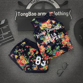 2pcs Toddler Boy Casual Floral Letter Print Tank Top and Shorts Set