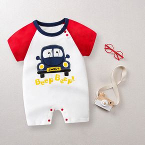 100% Cotton Car and Letter Print Color Block Short-sleeve Baby Romper