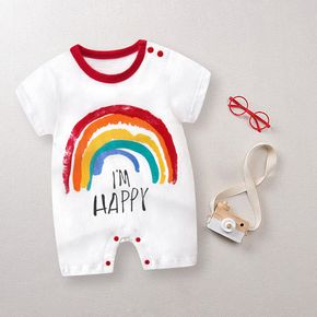 100% Cotton Letter and Rainbow Print Short-sleeve White Baby Romper