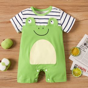 100% Cotton Frog and Stripe Print Short-sleeve Green Baby Romper