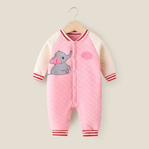 Cartoon Elephant and Letter Print Raglan Long Sleeve Baby Quilted Jumpsuit