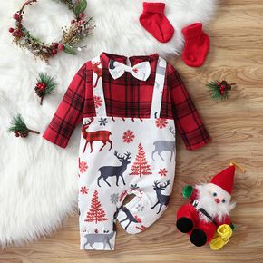 Christmas Reindeer Print Splicing Red Plaid Long-sleeve Baby Jumpsuit