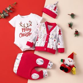 Christmas 4pcs  Red Print Long-sleeve Cardigan and Romper with Trousers Set