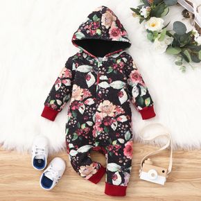 All Over Floral Print Black Long-sleeve Hooded Baby Thickened Fleece Lined Jumpsuit