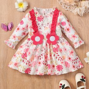 Baby Girl 3D Applique Design Allover Pink Floral Print Long-sleeve Ruffle Dress