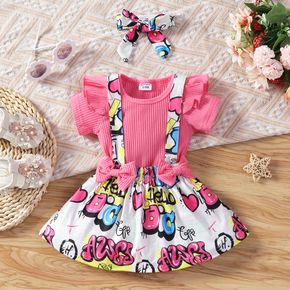 3pcs Baby Girl Solid Ribbed Ruffle Short-sleeve Romper and Allover Graffiti Letter Print Suspender Skirt with Headband Set