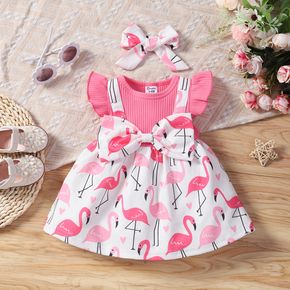 2pcs Baby Girl Pink Rib Knit Flutter-sleeve Bow Front Allover Flamingo Print Dress with Headband Set