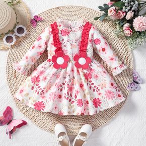 Baby Girl 3D Applique Design Allover Pink Floral Print Long-sleeve Ruffle Dress