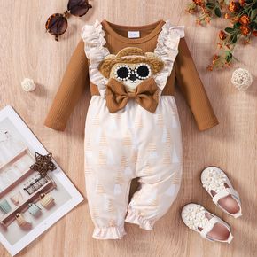 Baby Girl Ribbed Faux-two Teddy Bear Applique Bow Decor Long-sleeve Brown Jumpsuit