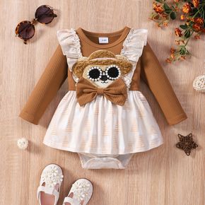 Baby Girl Ribbed Faux-two Teddy Bear Applique Bow Decor Long-sleeve Brown Romper