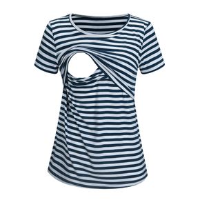 T-Shirt D'Allaitement À Manches Courtes Maternité-Nouveau Col Rond Rayures Impression Complète Manche Courte