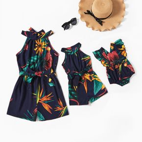 Dark Blue Floral Print Sleeveless Matching Shorts Rompers
