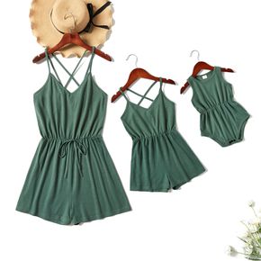 Solid Dark Green Cross Back Sling Rompers for Mommy and Me