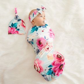 3-piece Full Floral Print Baby Blanket Swaddle Hat and Headband Set